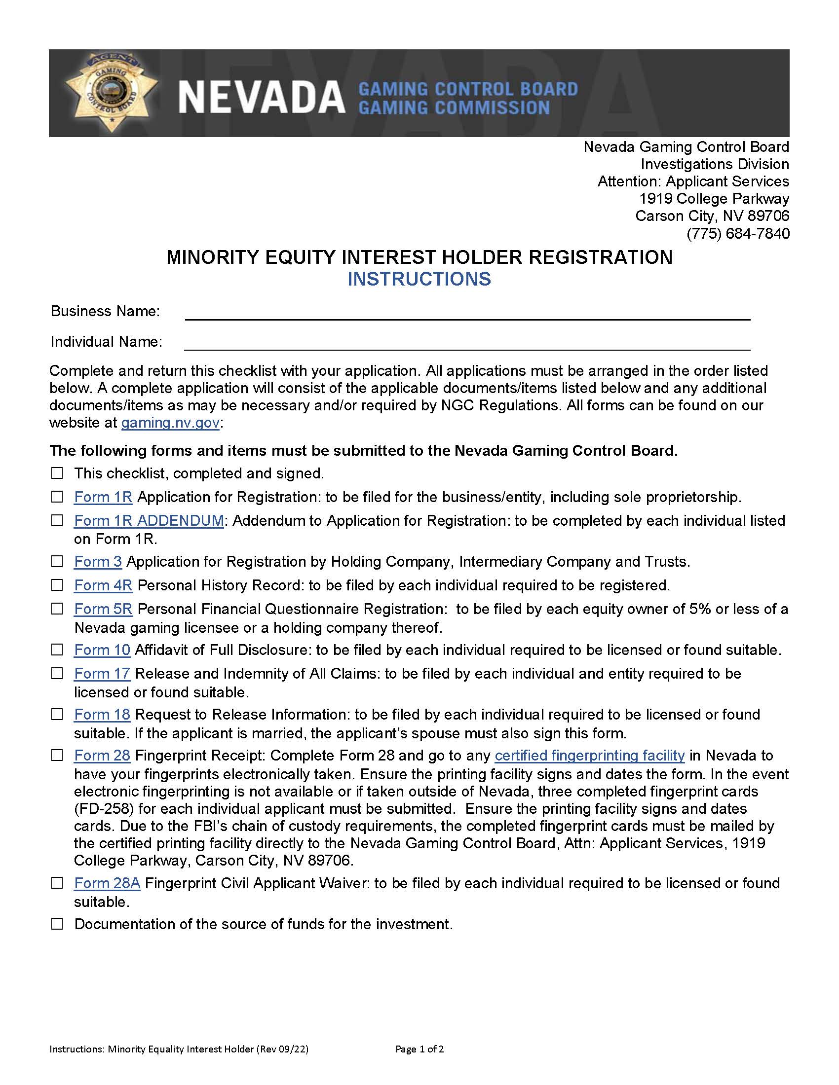Minority Equity Interest Holder Registration (Checklist) | Pdf Fpdf Docx | Nevada