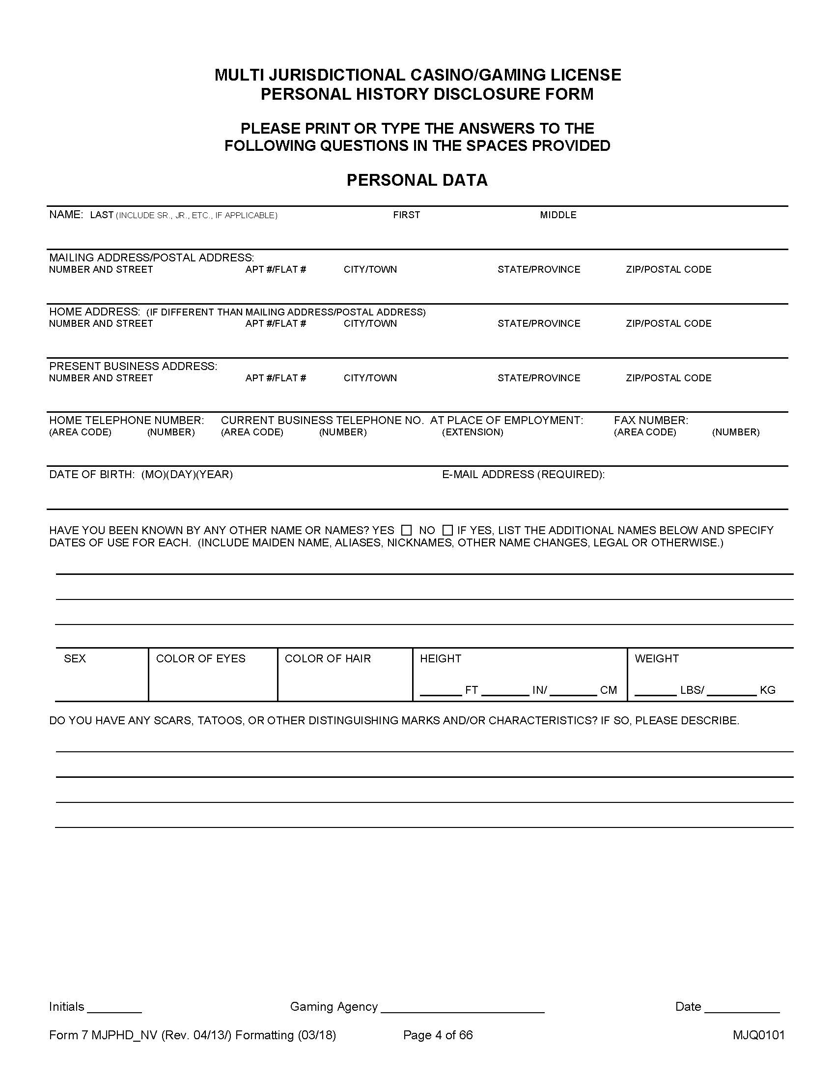 Multi Jurisdictional Casino-Gaming License Personal History Disclosure Form {7} | Pdf Fpdf Docx | Nevada