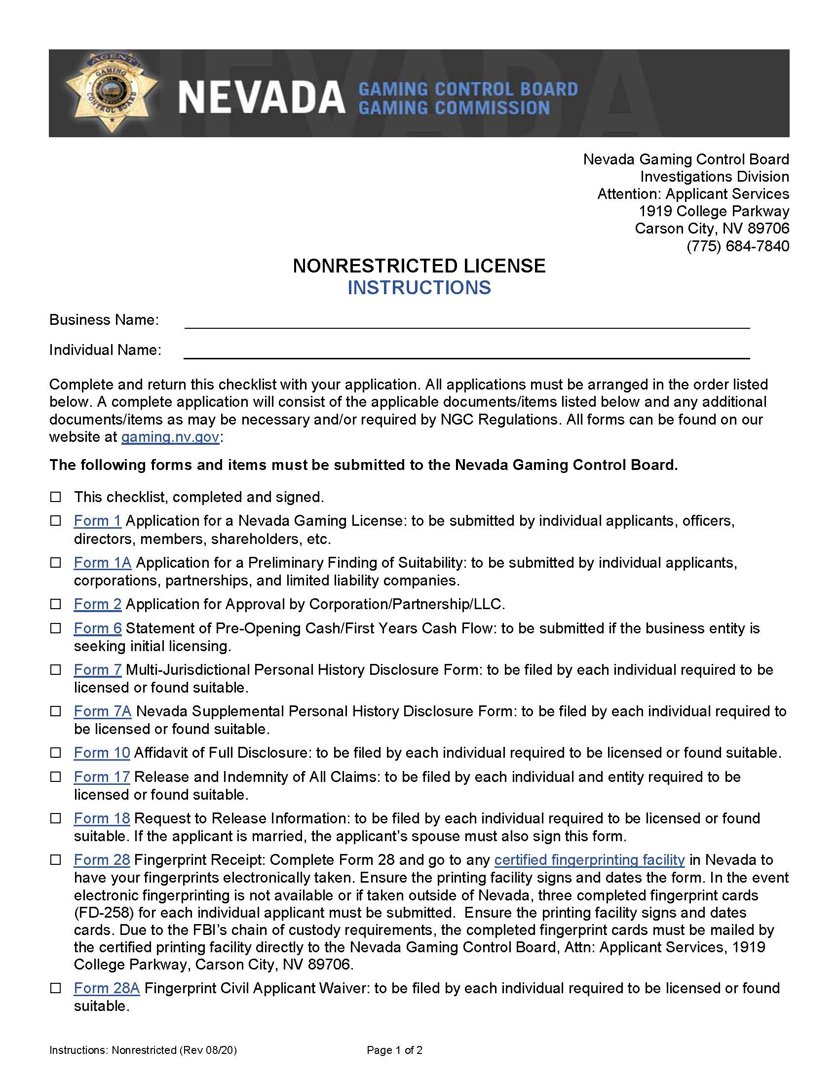 Nonrestricted License (Checklist) | Pdf Fpdf Docx | Nevada
