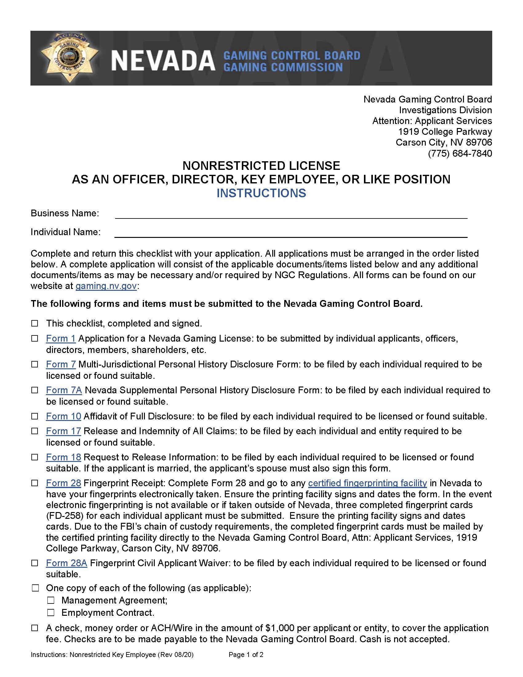 Nonrestricted License As An Officer Director Key Employee Or Like Position (Checklist) | Pdf Fpdf Docx | Nevada
