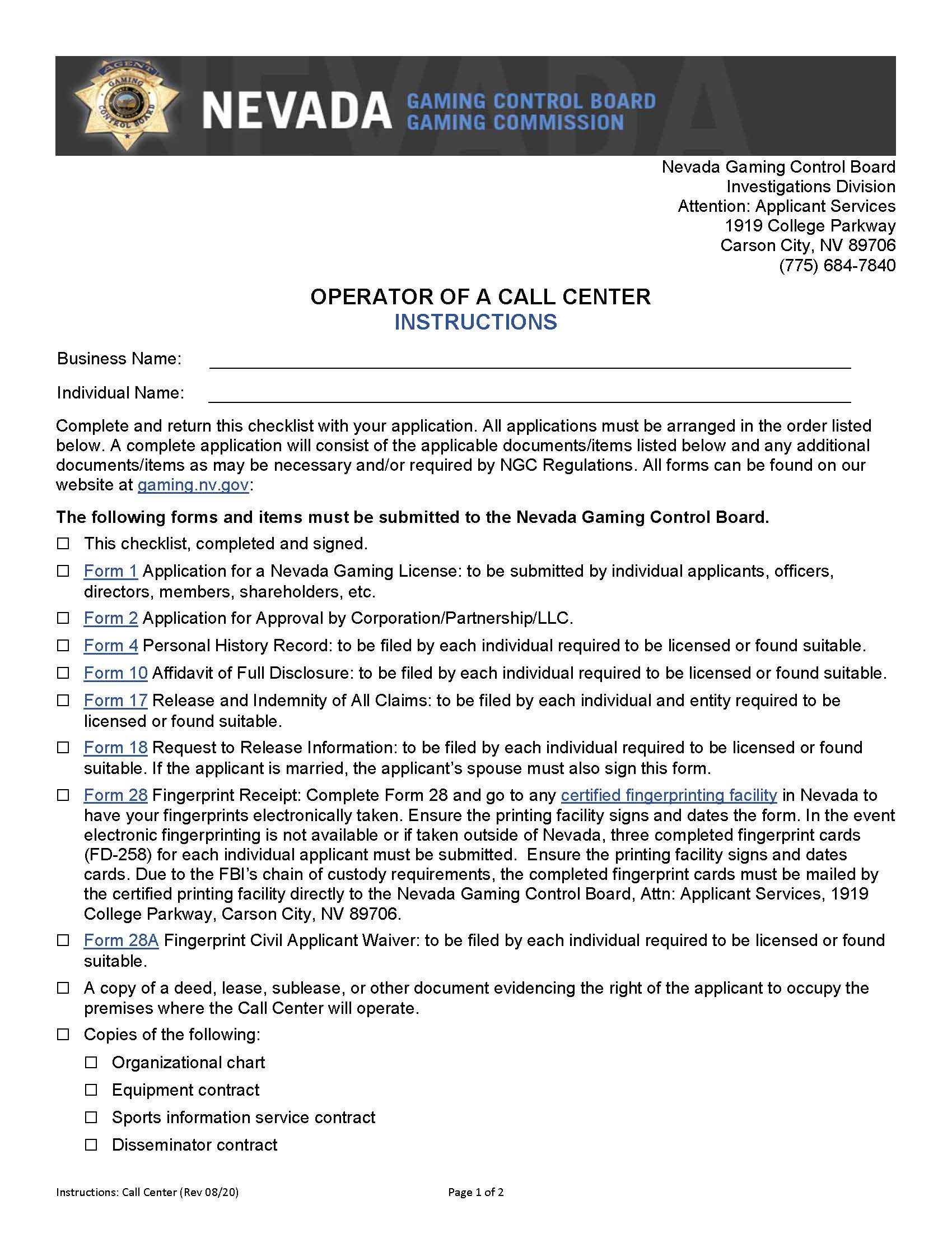 Operator Of A Call Center (Checklist) | Pdf Fpdf Docx | Nevada
