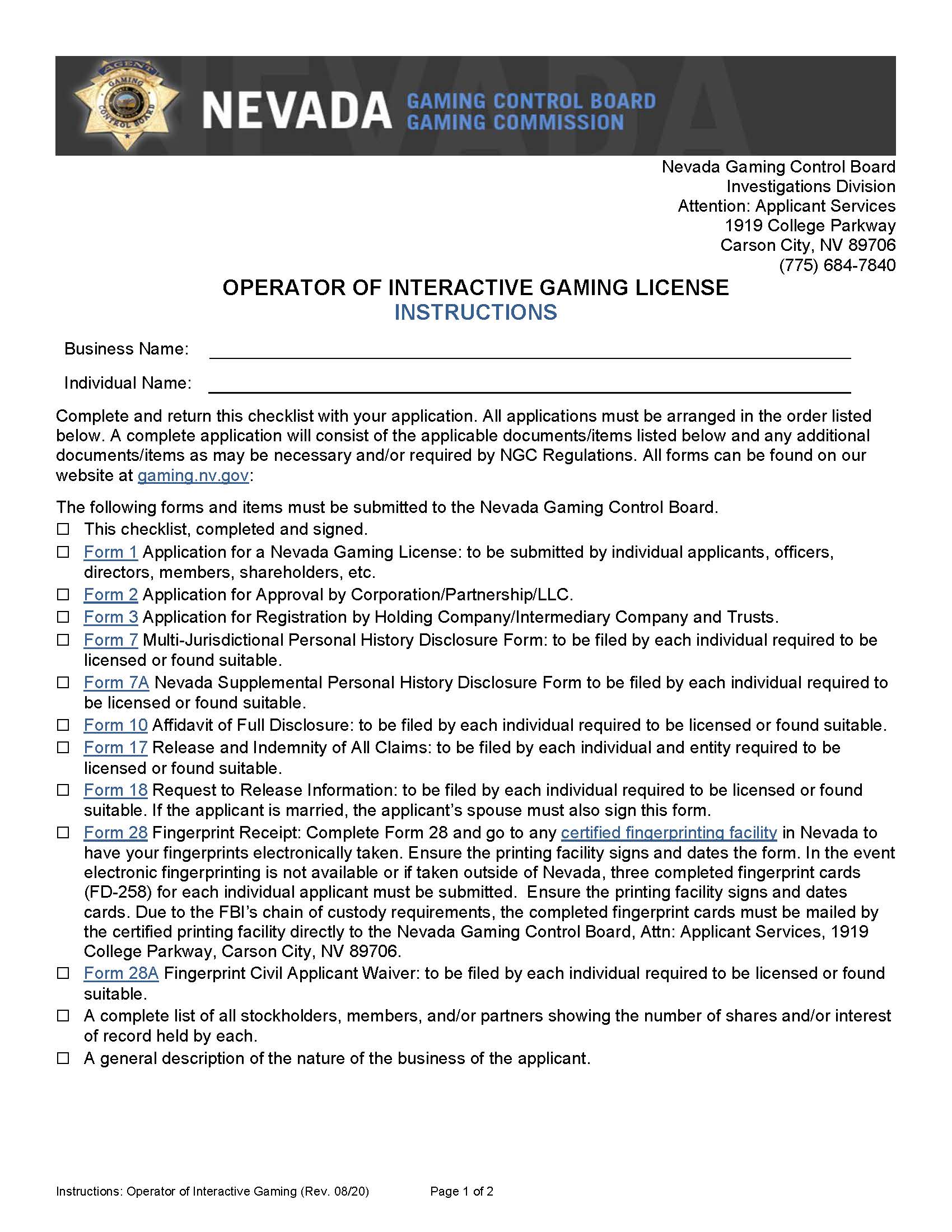 Operator Of Interactive Gaming License (Checklist) | Pdf Fpdf Docx | Nevada