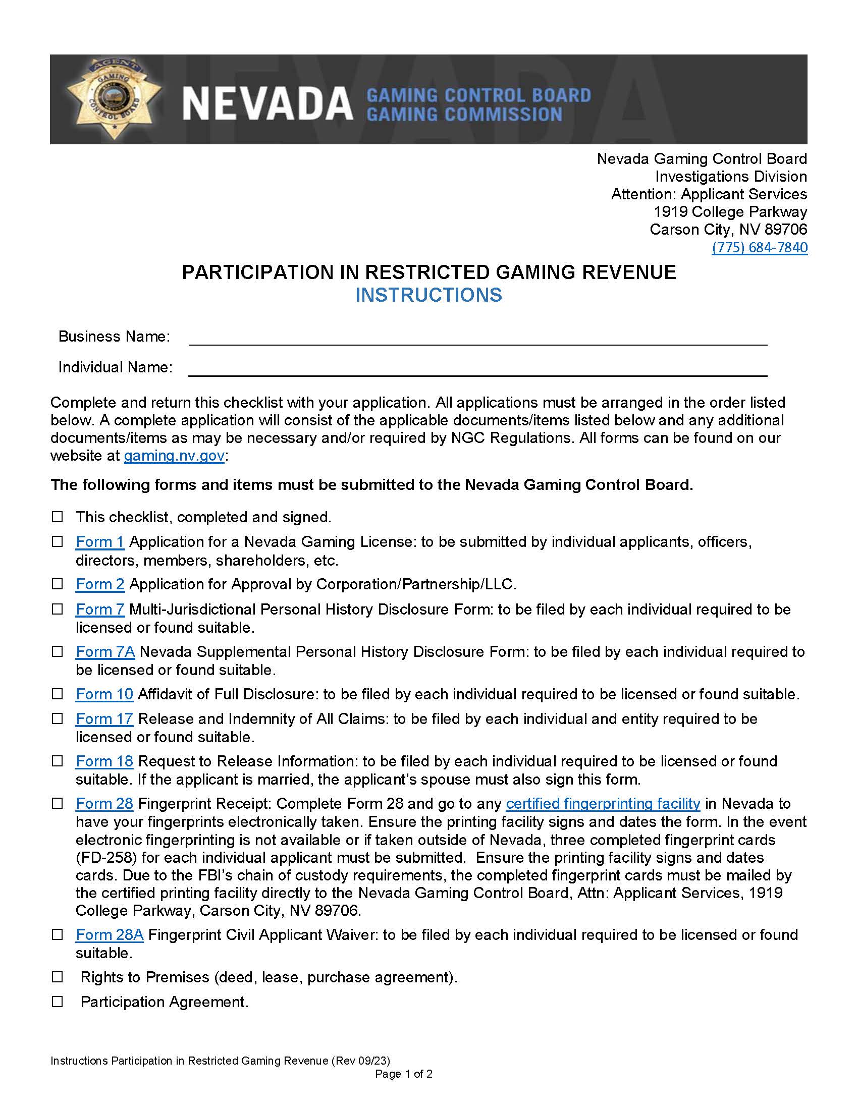 Participation In Restricted Gaming Revenue (Checklist) | Pdf Fpdf Docx | Nevada
