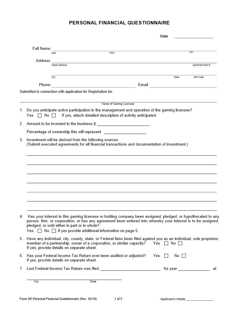Personal Financial Questionnaire (Registration Applications Only) {5R} | Pdf Fpdf Docx | Nevada