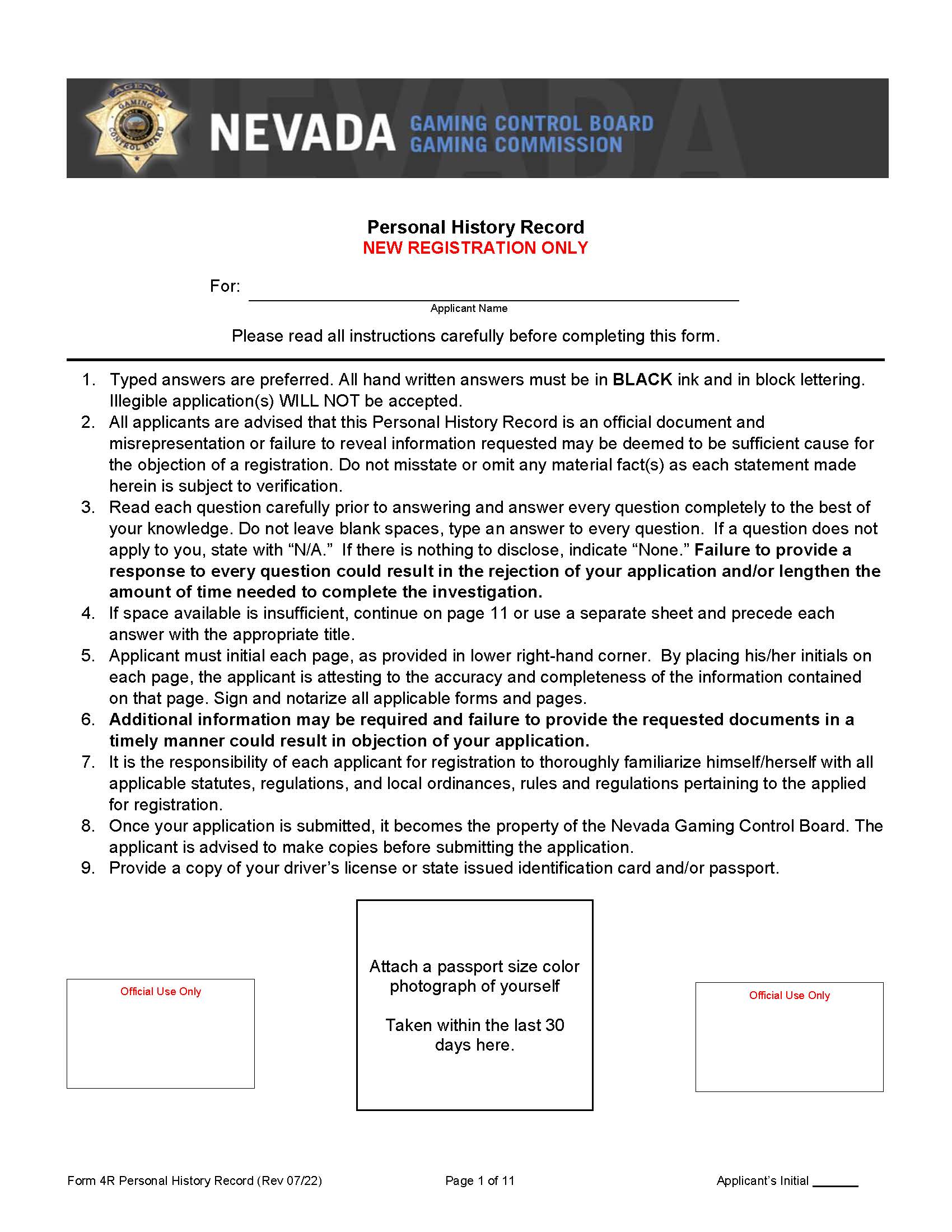 Personal History Record (New Registration Only) {4R} | Pdf Fpdf Docx | Nevada