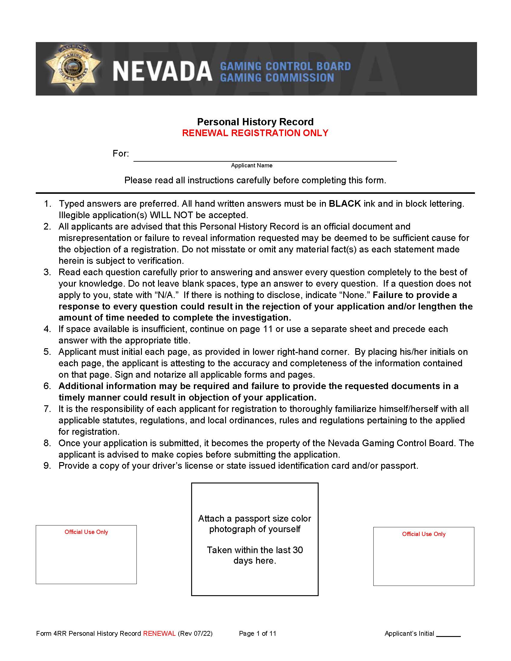 Personal History Record (Renewal Registration Only) {4RR} | Pdf Fpdf Docx | Nevada
