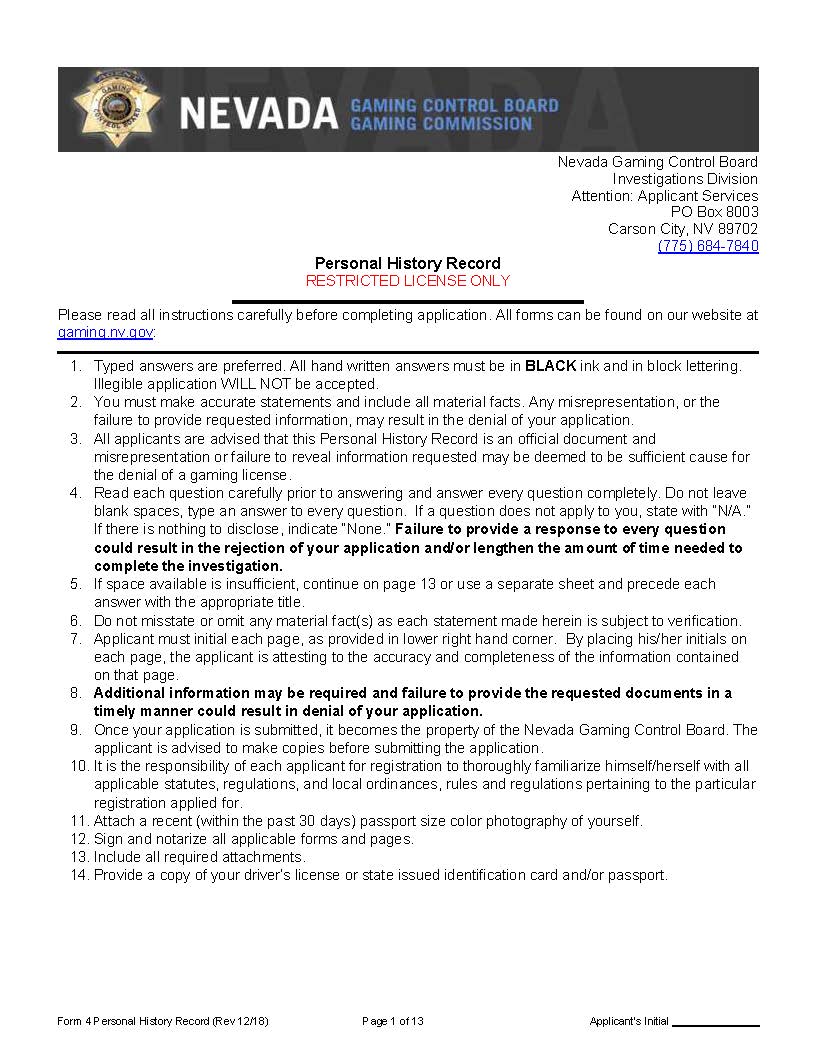 Personal History Record (Restricted License Only) {4} | Pdf Fpdf Docx | Nevada
