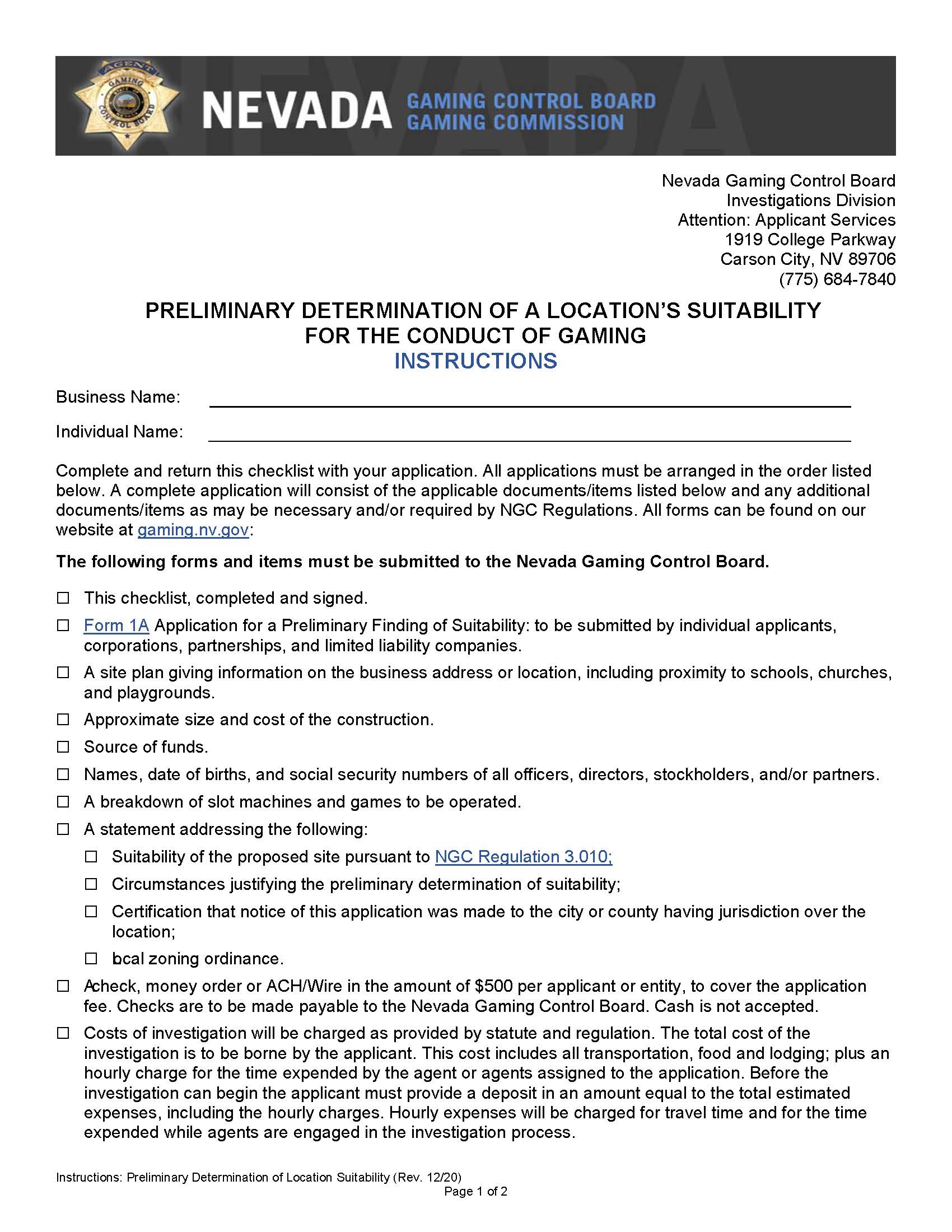 Preliminary Determination Of A Locations Suitability (Checklist) | Pdf Fpdf Docx | Nevada