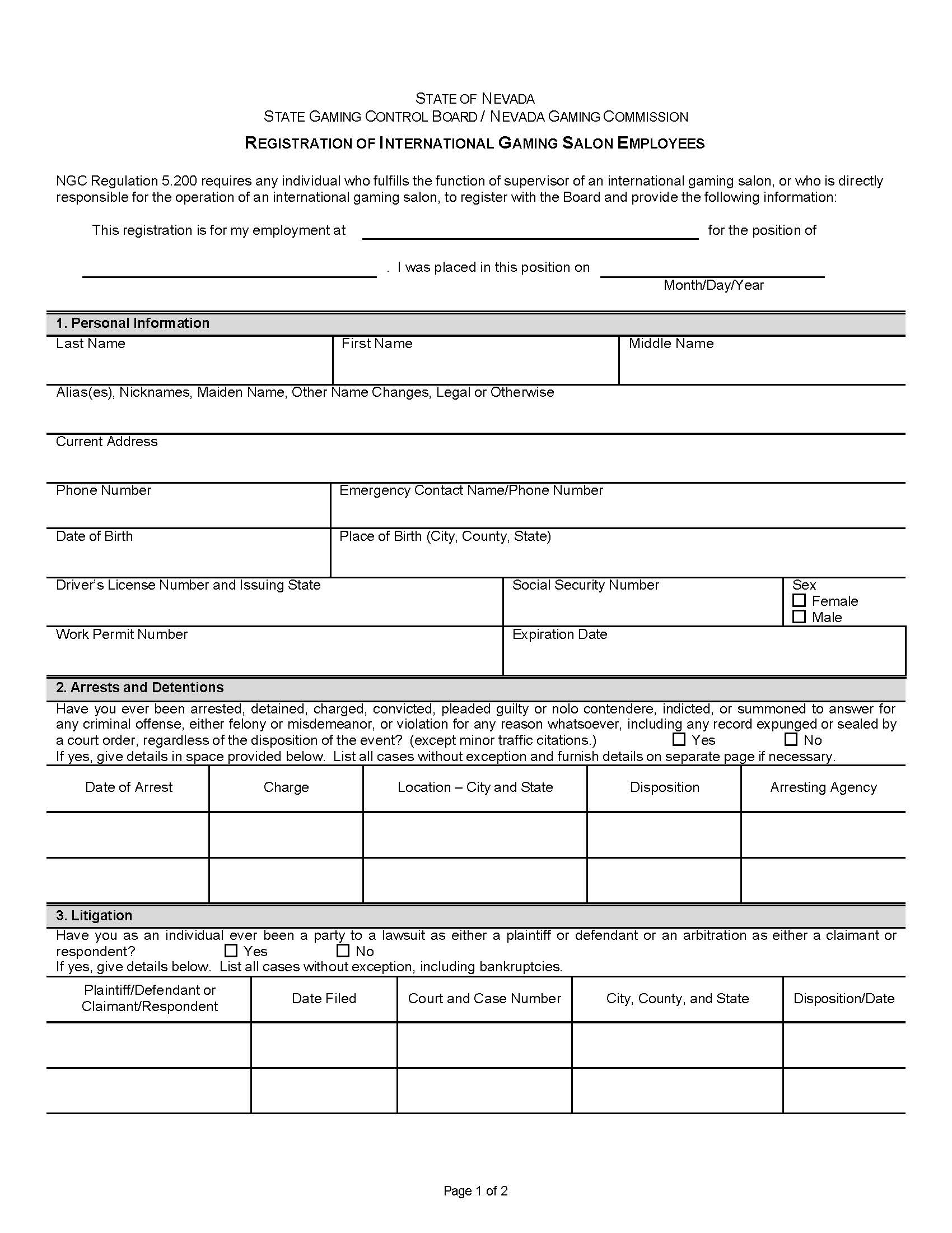 Registration Of International Gaming Salon Employees - NGC Regulation  5.200 | Pdf Fpdf Doc Docx | Nevada