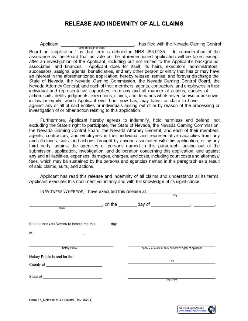 Release And Indemnity Of All Claims {17} | Pdf Fpdf Docx | Nevada