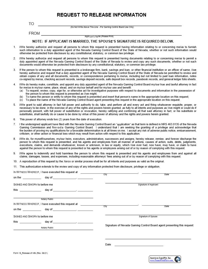 Request To Release Information {18} | Pdf Fpdf Docx | Nevada