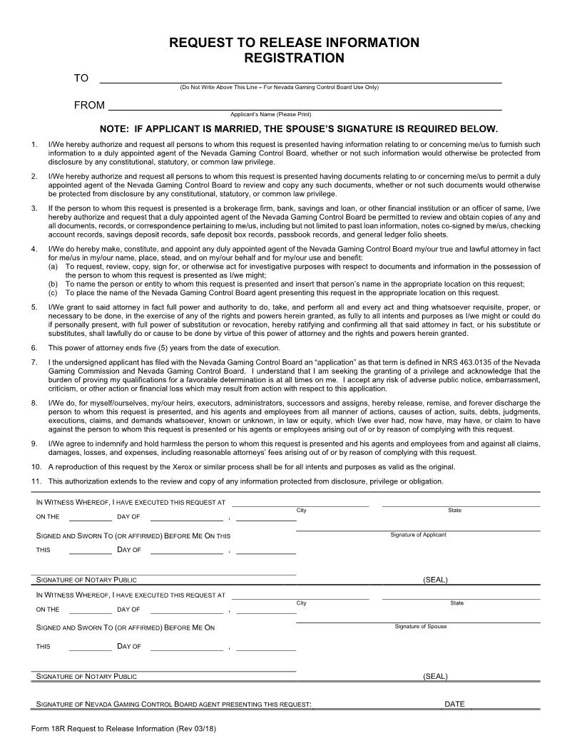 Request To Release Information (Registration Application Only) {18R} | Pdf Fpdf Docx | Nevada