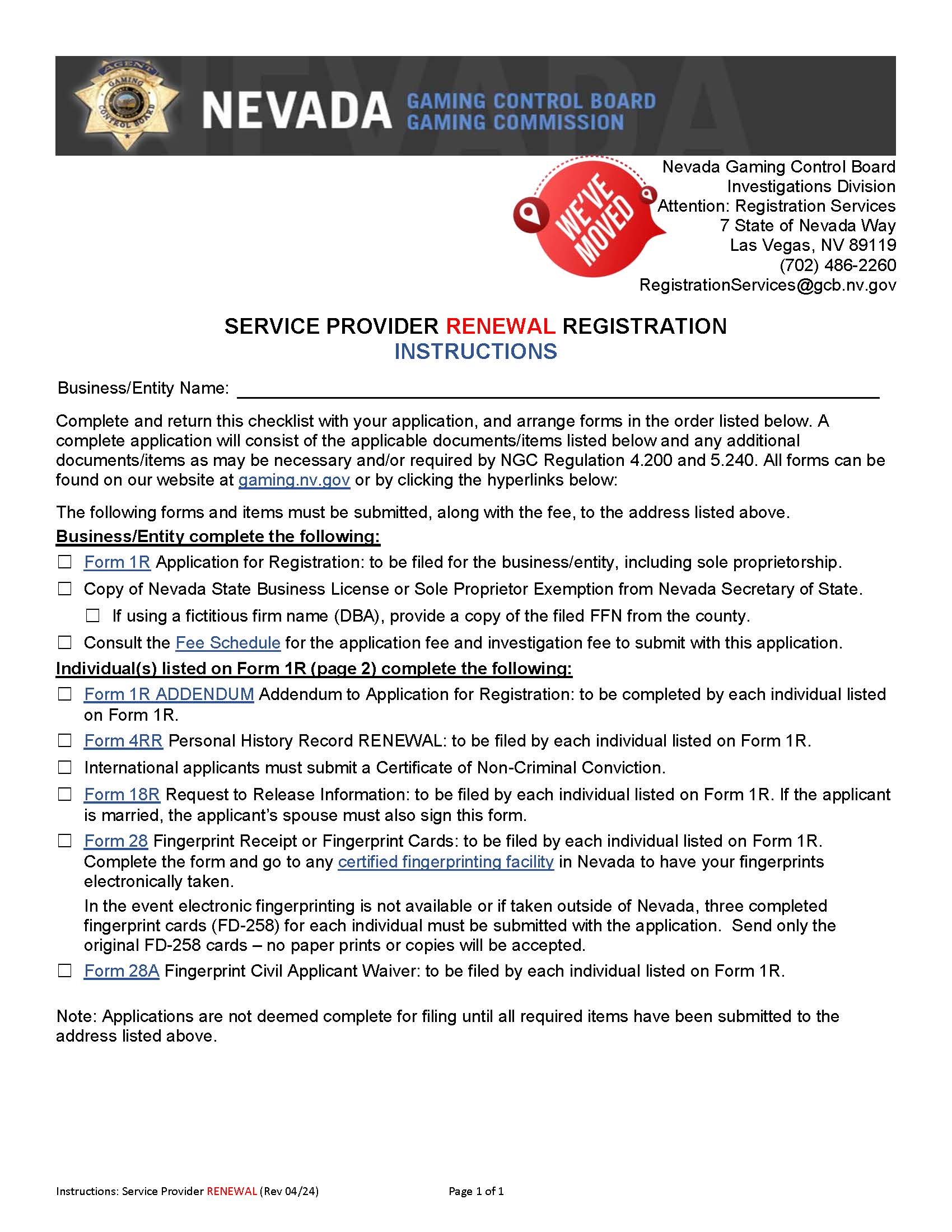 Service Provider Renewal Registration (Checklist) | Pdf Fpdf Docx | Nevada