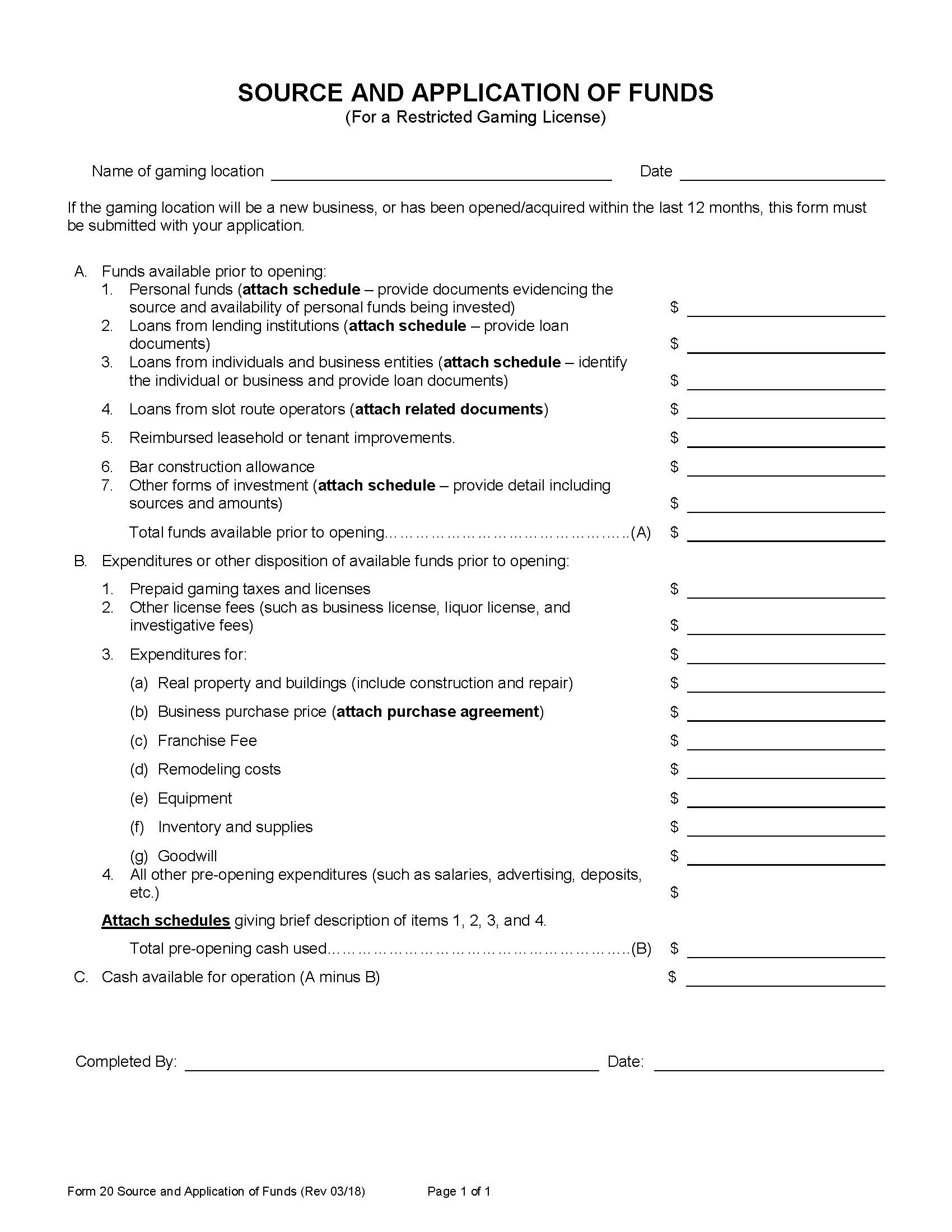Source And Application Of Funds (For Restricted Gaming License) {20} | Pdf Fpdf Docx | Nevada