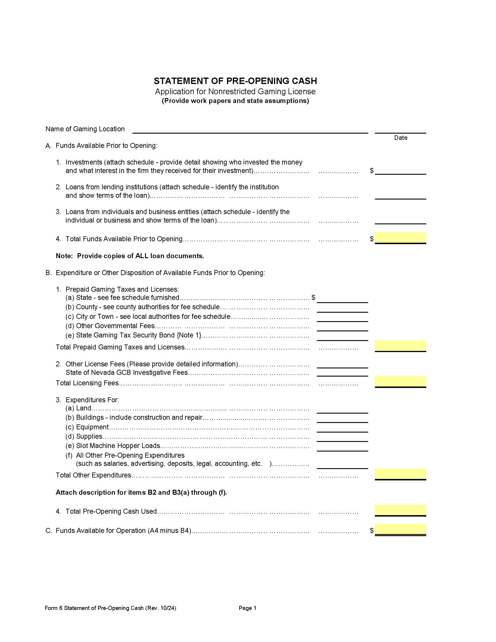 Statement Of Pre Opening Cash - Application For Nonrestricted Gaming License {6} | Pdf Fpdf Doc Docx | Nevada
