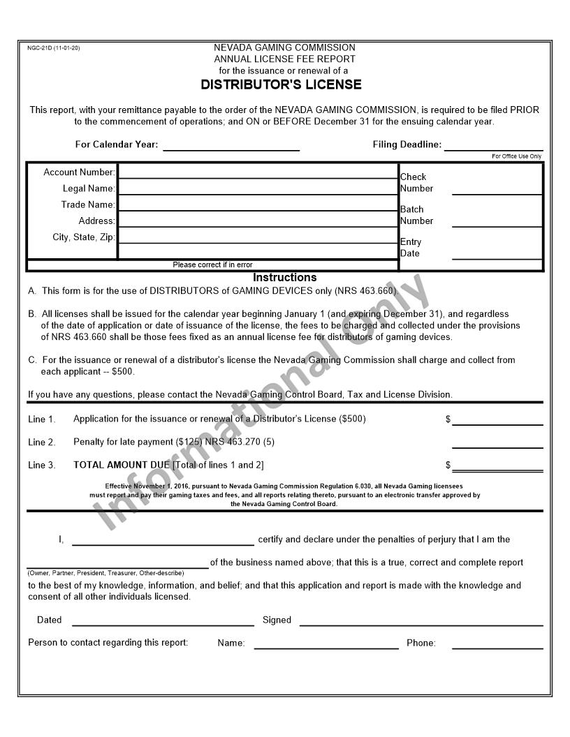 Annual License Fee Report For  Distributors License {NGC-21D} | Pdf Fpdf Docx | Nevada