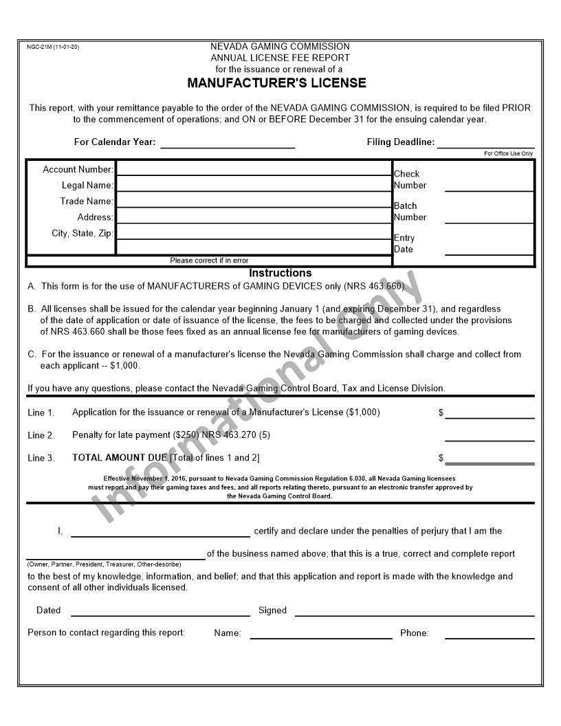 Annual License Fee Report For Manufacturers License {NGC-21M} | Pdf Fpdf Docx | Nevada