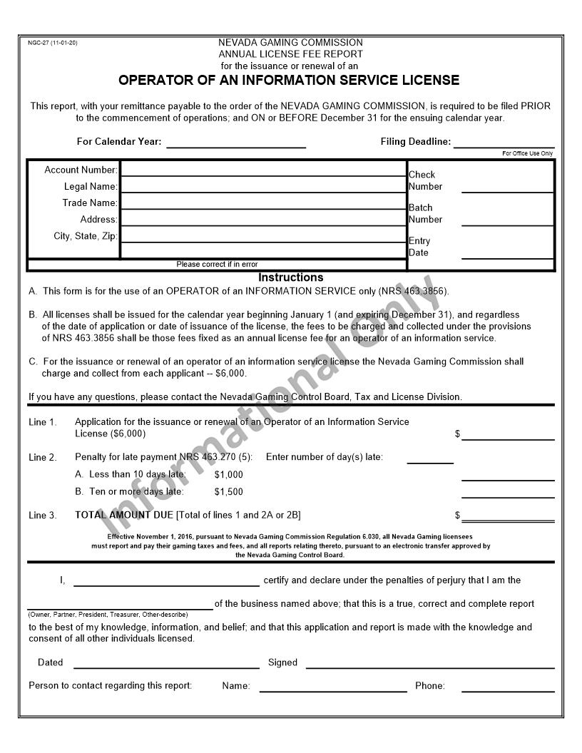 Annual License Fee Report For Operator Of An Information Service License {NGC-27} | Pdf Fpdf Docx | Nevada