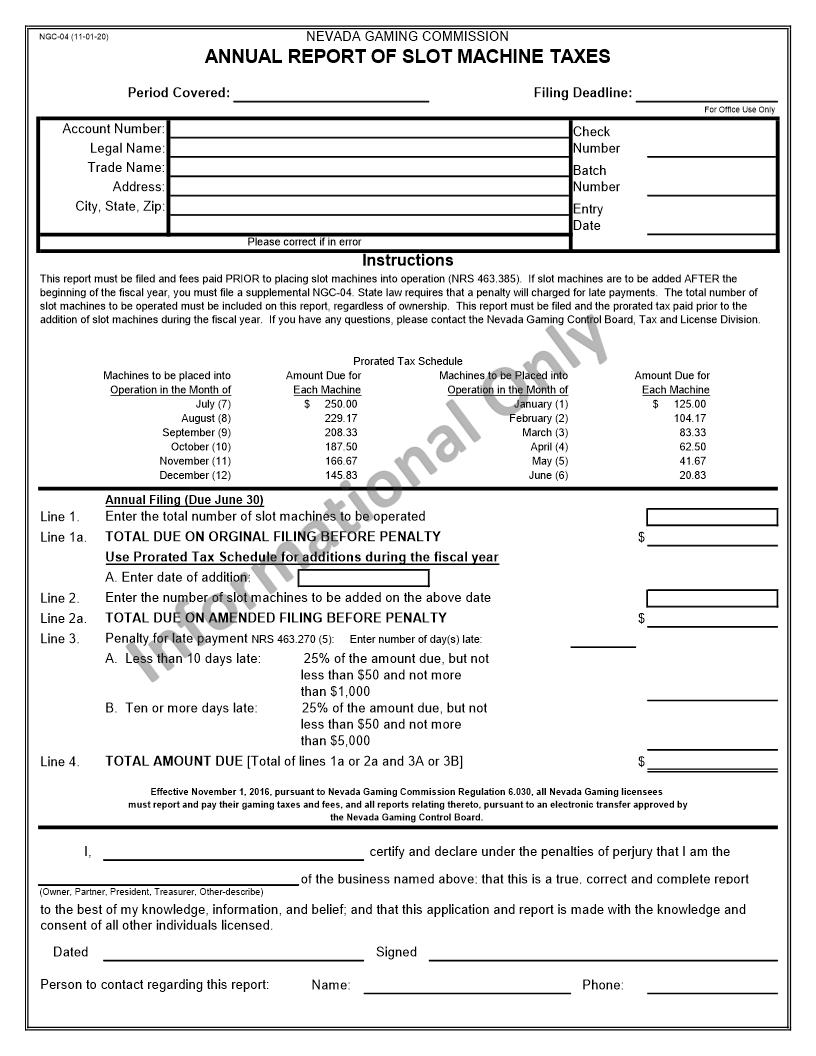 Annual Report Of Slot Machine Taxes {NGC-04} | Pdf Fpdf Docx | Nevada