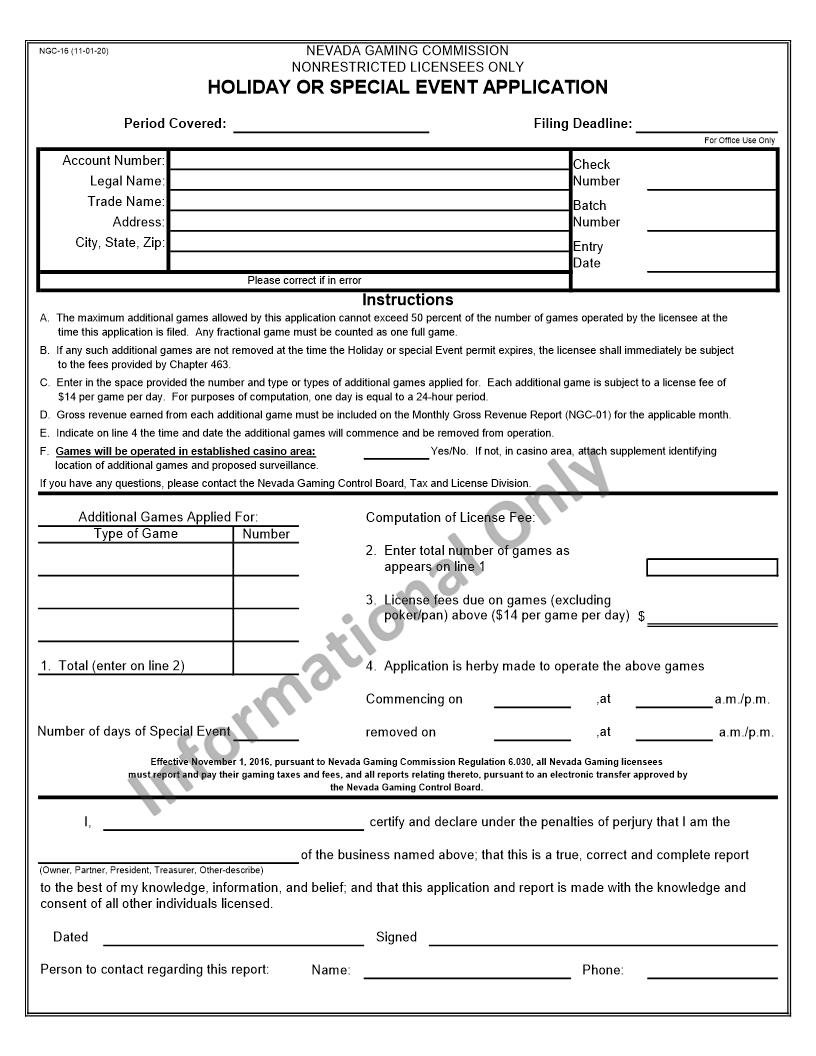 Holiday Or Special Event Application {NGC-16} | Pdf Fpdf Docx | Nevada