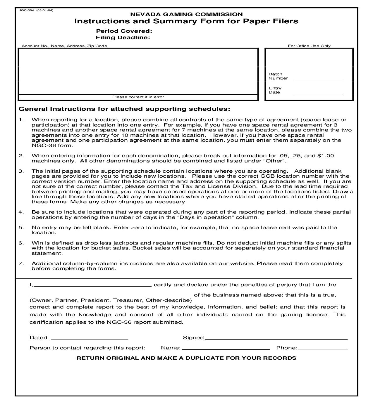 Instructions And Summary Form For Paper Filers {NGC-36A} |  | Nevada