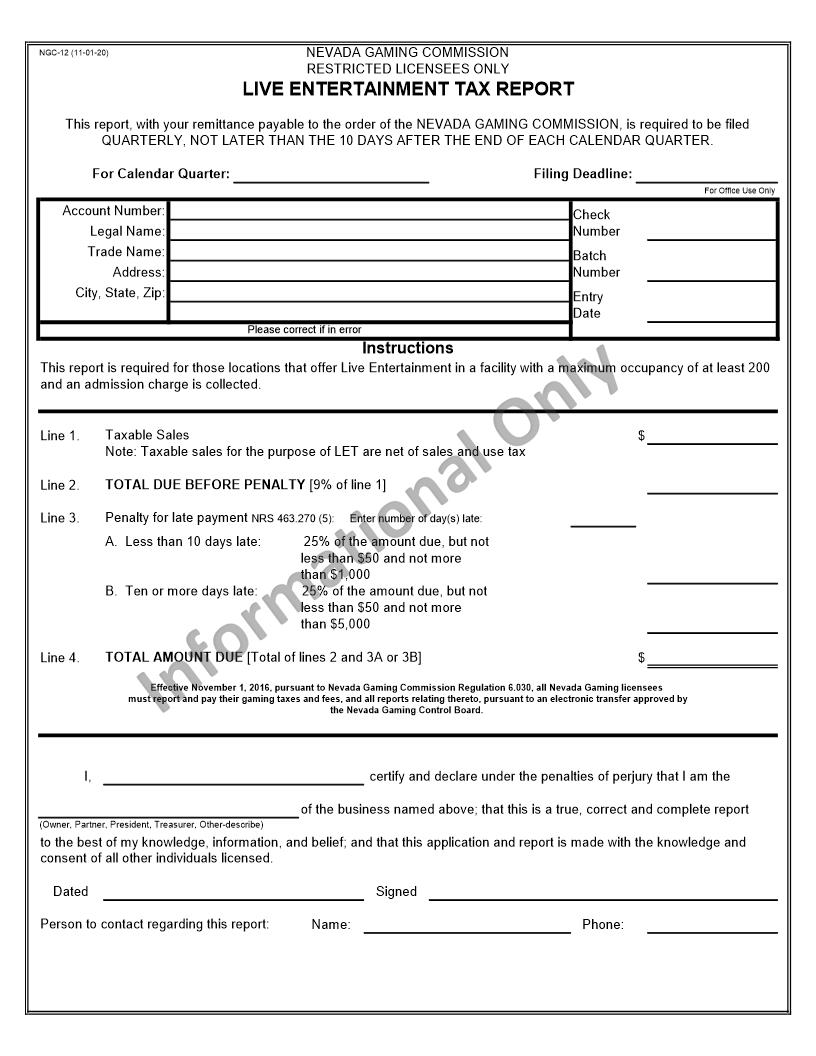 Live Entertainment Tax Report Restricted Licensees {NGC-12} | Pdf Fpdf Docx | Nevada