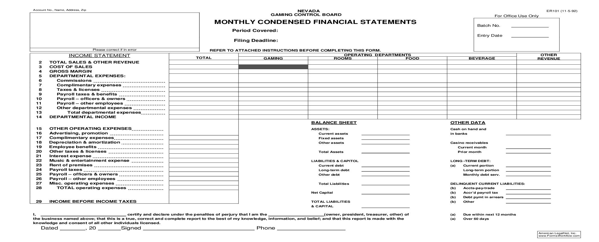 Monthly Condensed Financial Statements {ER101} | Pdf Fpdf Doc Docx | Nevada