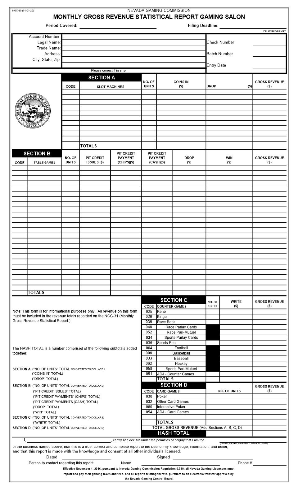 Monthly Gross Revenue Statistical Report - Gaming Salon {NGC-30} | Pdf Fpdf Docx | Nevada