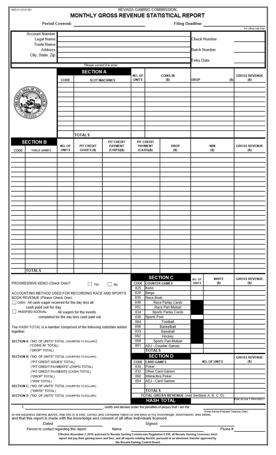 Monthy Gross Revenue Statistical Report {NGC-31} | Pdf Fpdf Docx | Nevada