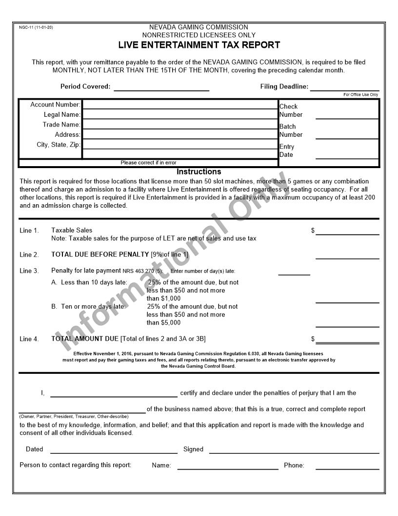 Nonrestricted Licensees Only Live Entertainment Tax Report {NGC-11} | Pdf Fpdf Docx | Nevada