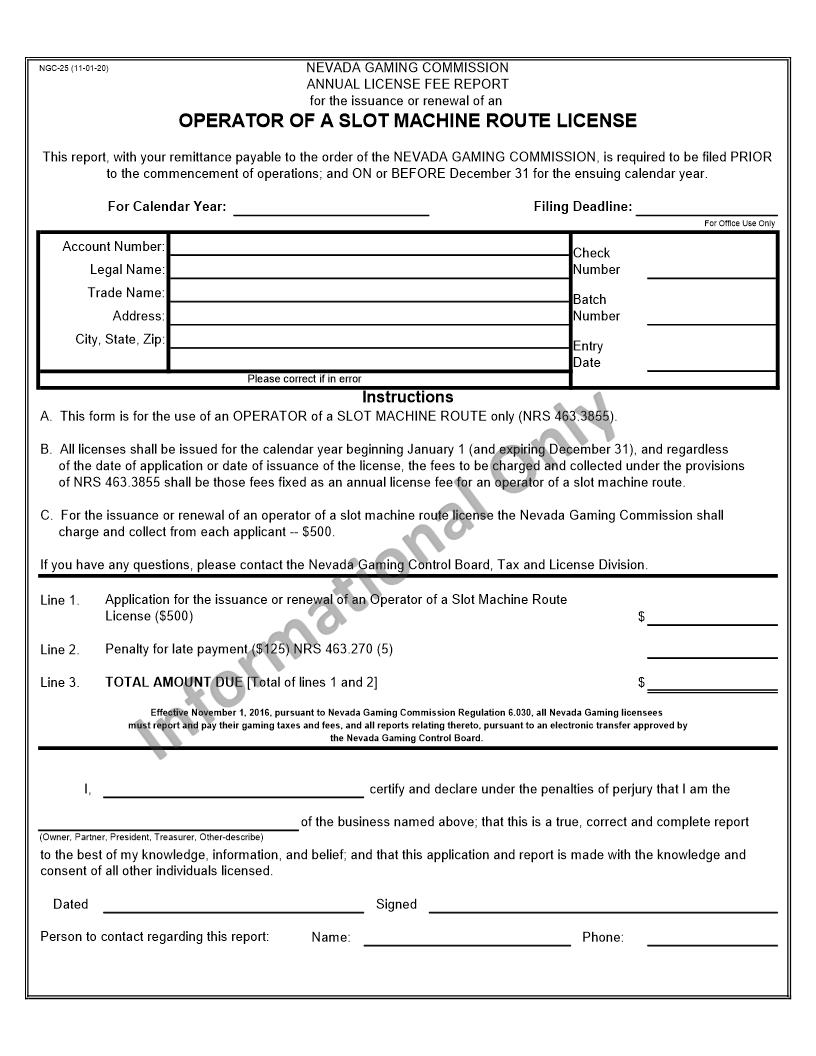 Operator Of A Slot Machine Route Annual License Fee Report {NGC-25} | Pdf Fpdf Docx | Nevada