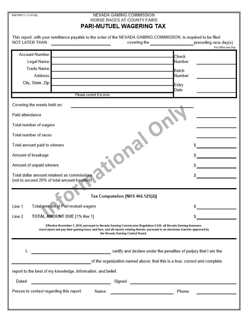Pari-Mutuel Wagering Tax {NGC-PMT-1} | Pdf Fpdf Docx | Nevada