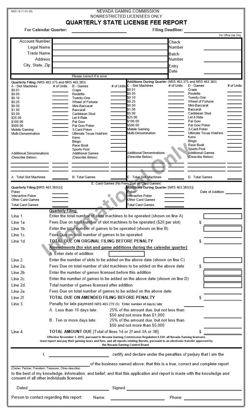 Quarterly State License Fee Report {NGC-15} | Pdf Fpdf Docx | Nevada