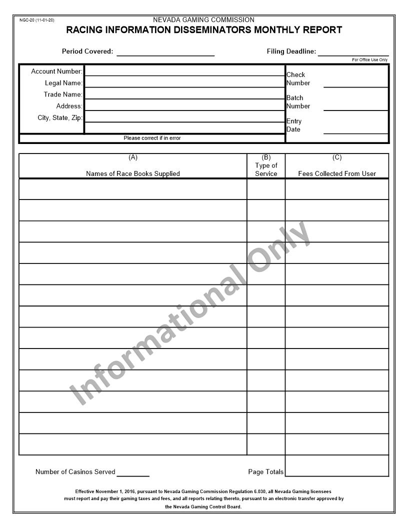 Racing Information Disseminators Monthly Report {NGC-20} | Pdf Fpdf Docx | Nevada