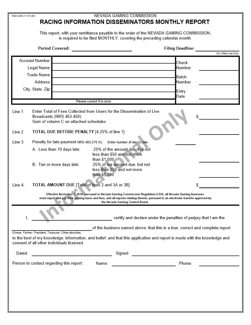 Racing Information Disseminators Monthly Report (Tax Form) {NGC-20A} | Pdf Fpdf Docx | Nevada