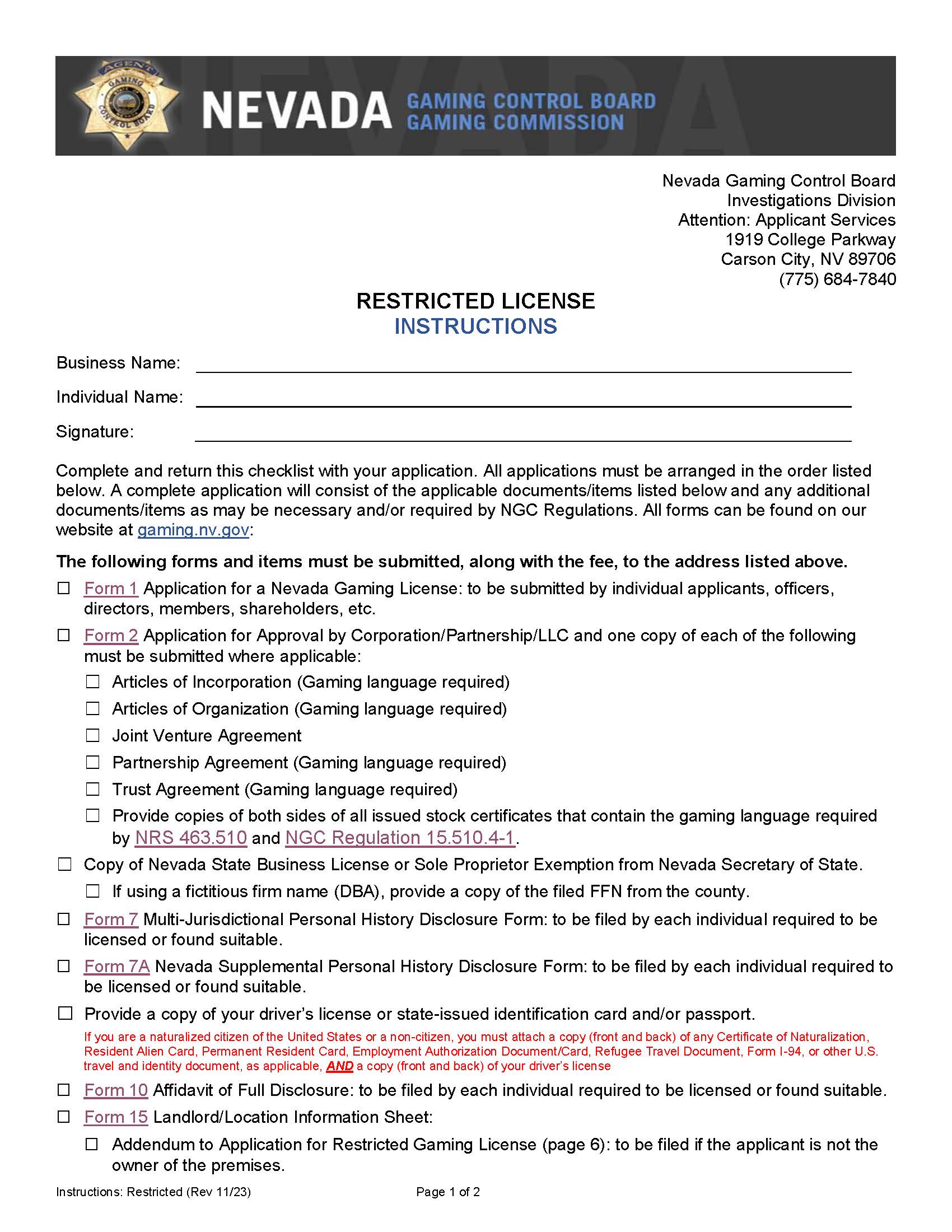 Restricted License (Checklist) | Pdf Fpdf Docx | Nevada