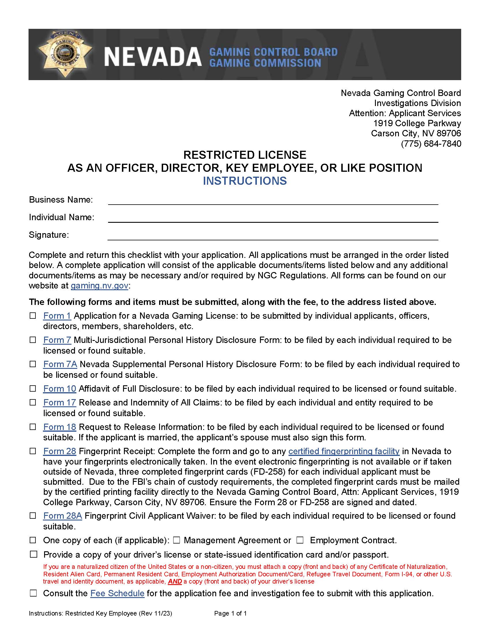 Restricted License Officer Director Key Employee (Checklist) | Pdf Fpdf Docx | Nevada