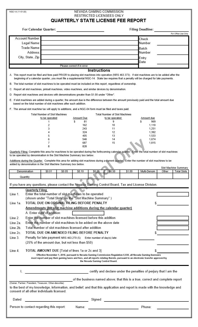 Restricted Licensees Quarterly State License Fee Report {NGC-14} | Pdf Fpdf Docx | Nevada
