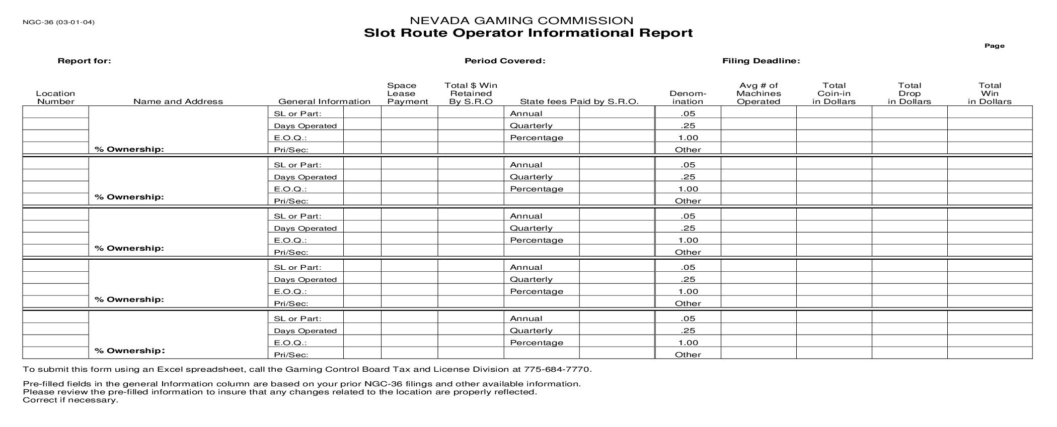 Slot Route Operator Informational Report {NGC-36} |  | Nevada