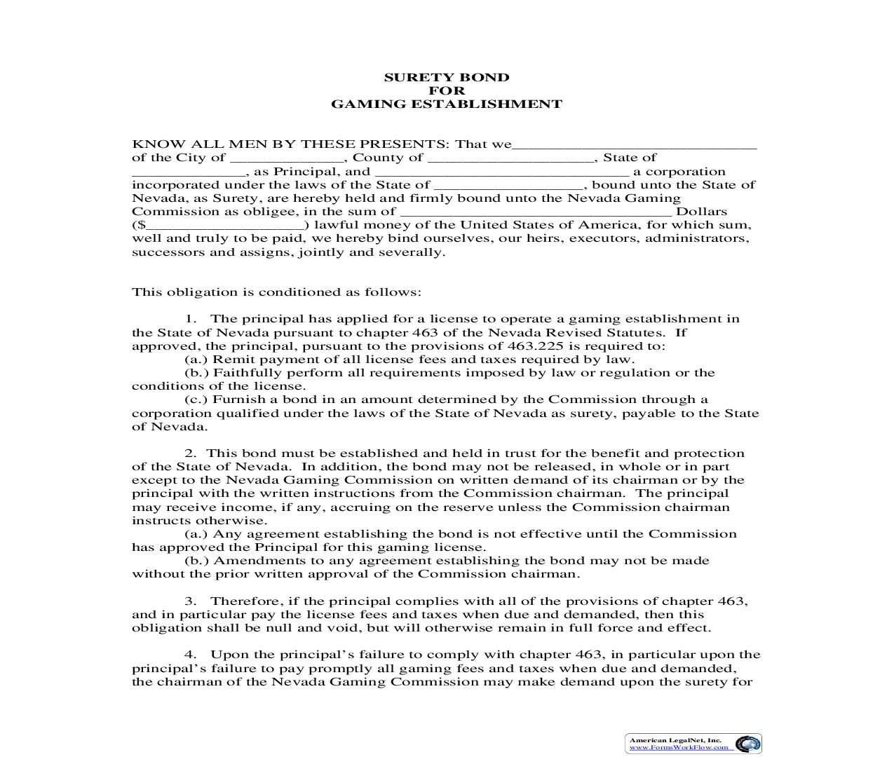 Surety Bond For Gaming Establishment | Pdf Fpdf Doc Docx | Nevada