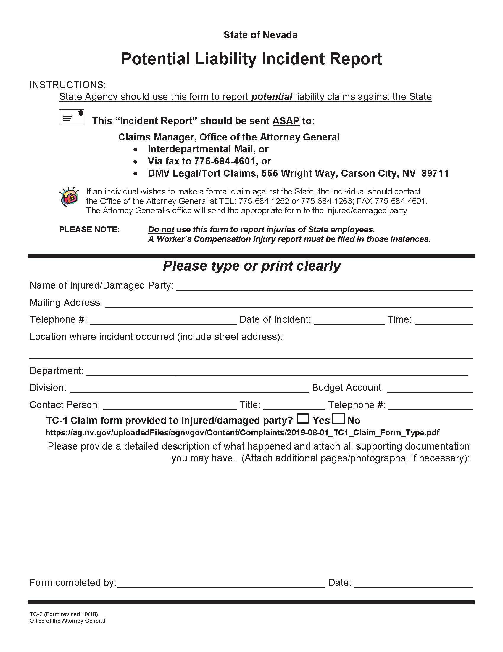 Potential Liability Incident Report {TC-2} | Pdf Fpdf Docx | Nevada