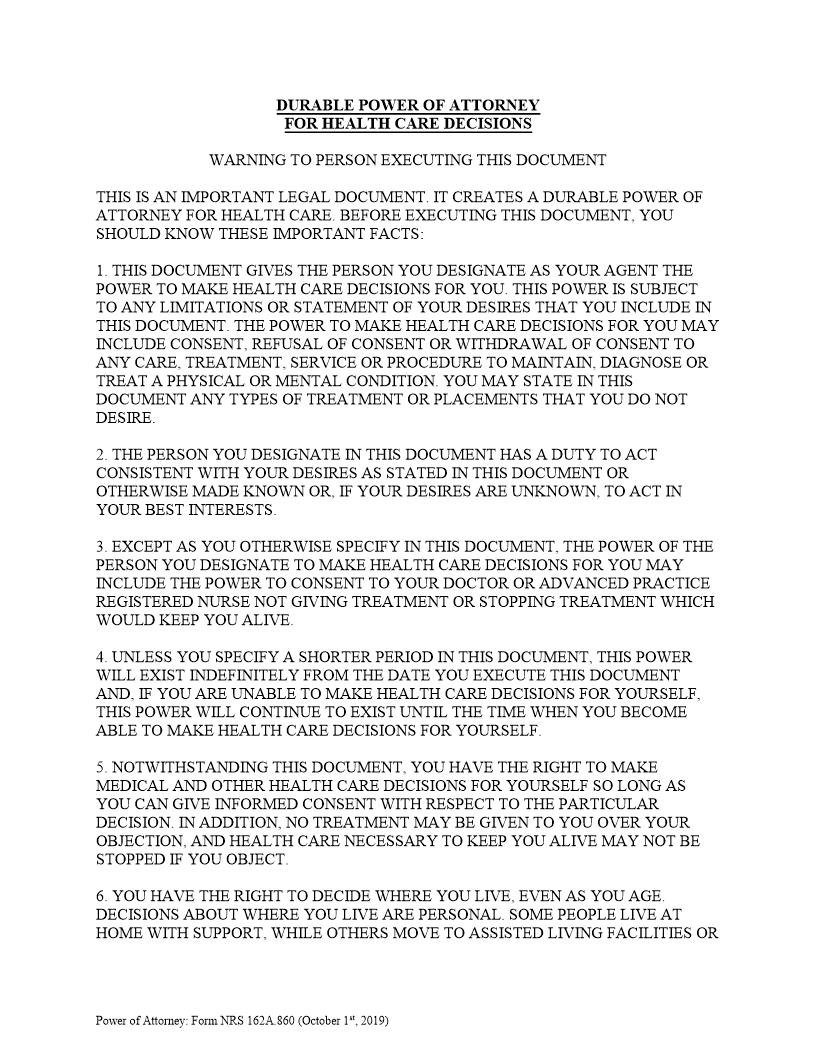 Durable Power Of Attorney For Health Care Decisions | Pdf Fpdf Doc Docx | Nevada