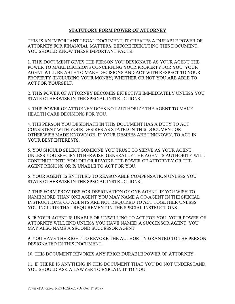 Statutory Power Of Attorney | Pdf Fpdf Doc Docx | Nevada