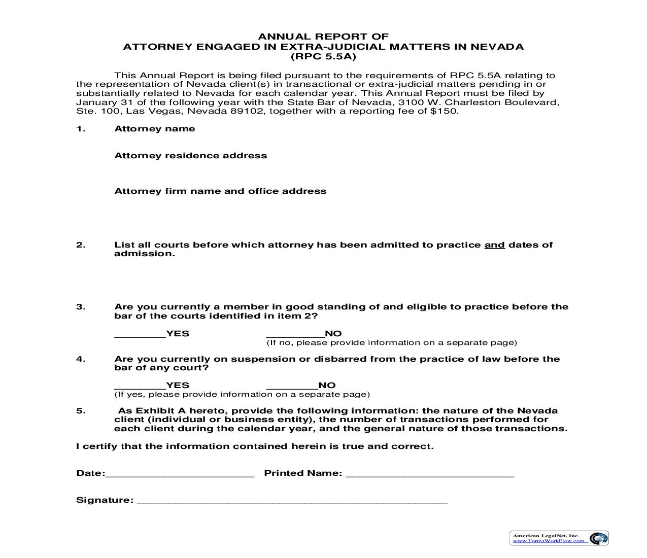 Annual Report Of Attorney Engaged In Extra Judicial Matters In Nevada | Pdf Fpdf Doc Docx | Nevada