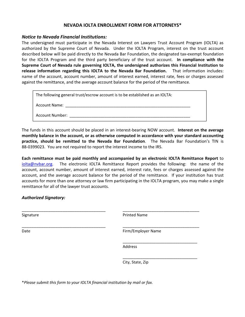 IOLTA Enrollment Form | Pdf Fpdf Docx | Nevada