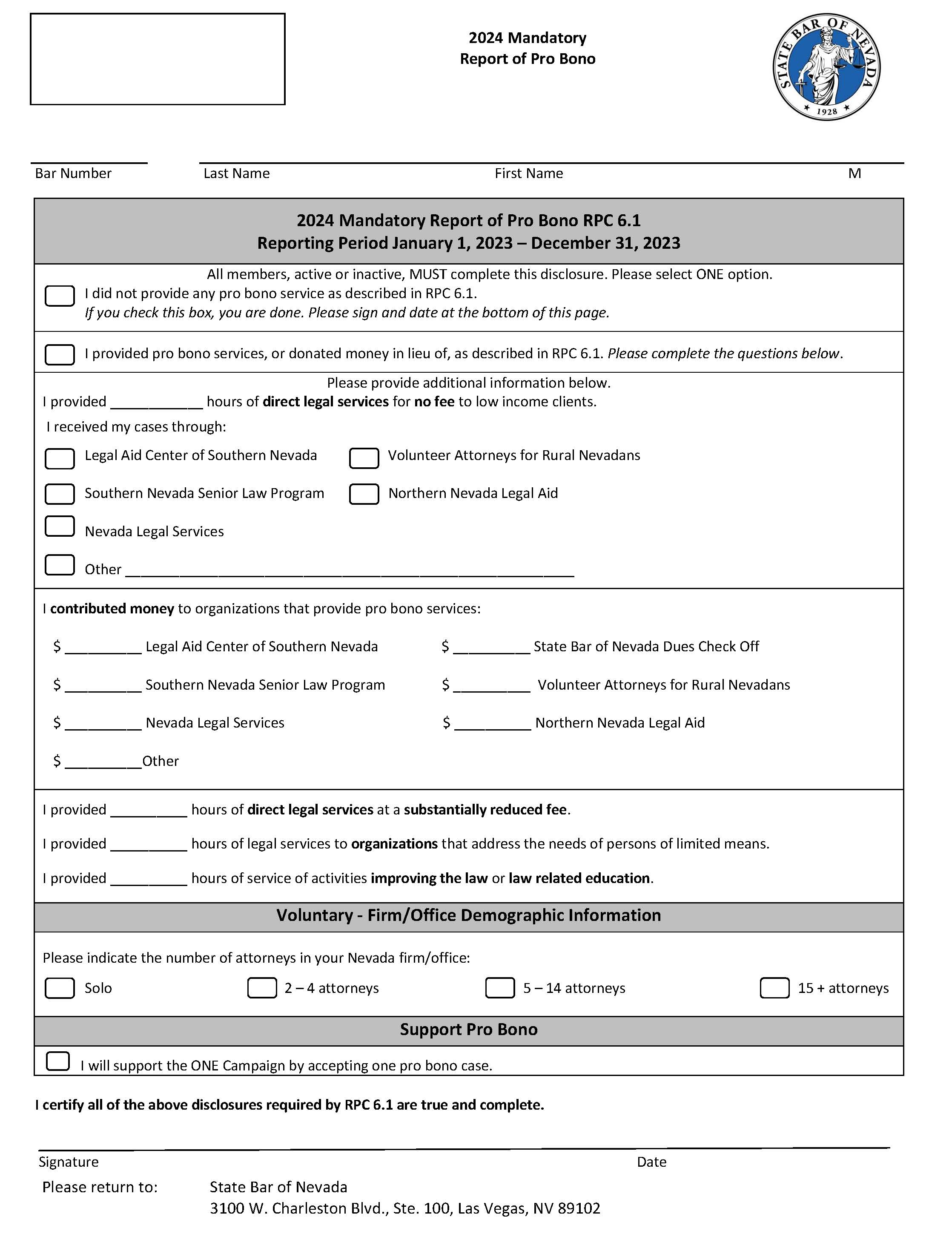 Mandatory Report Of Pro Bono | Pdf Fpdf Docx | Nevada