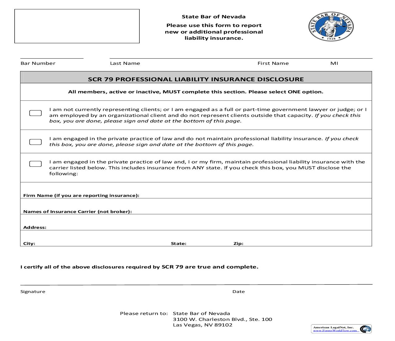 Professional Liability Insurance - Mandatory Disclosure Form per SCR 79 | Pdf Fpdf Doc Docx | Nevada