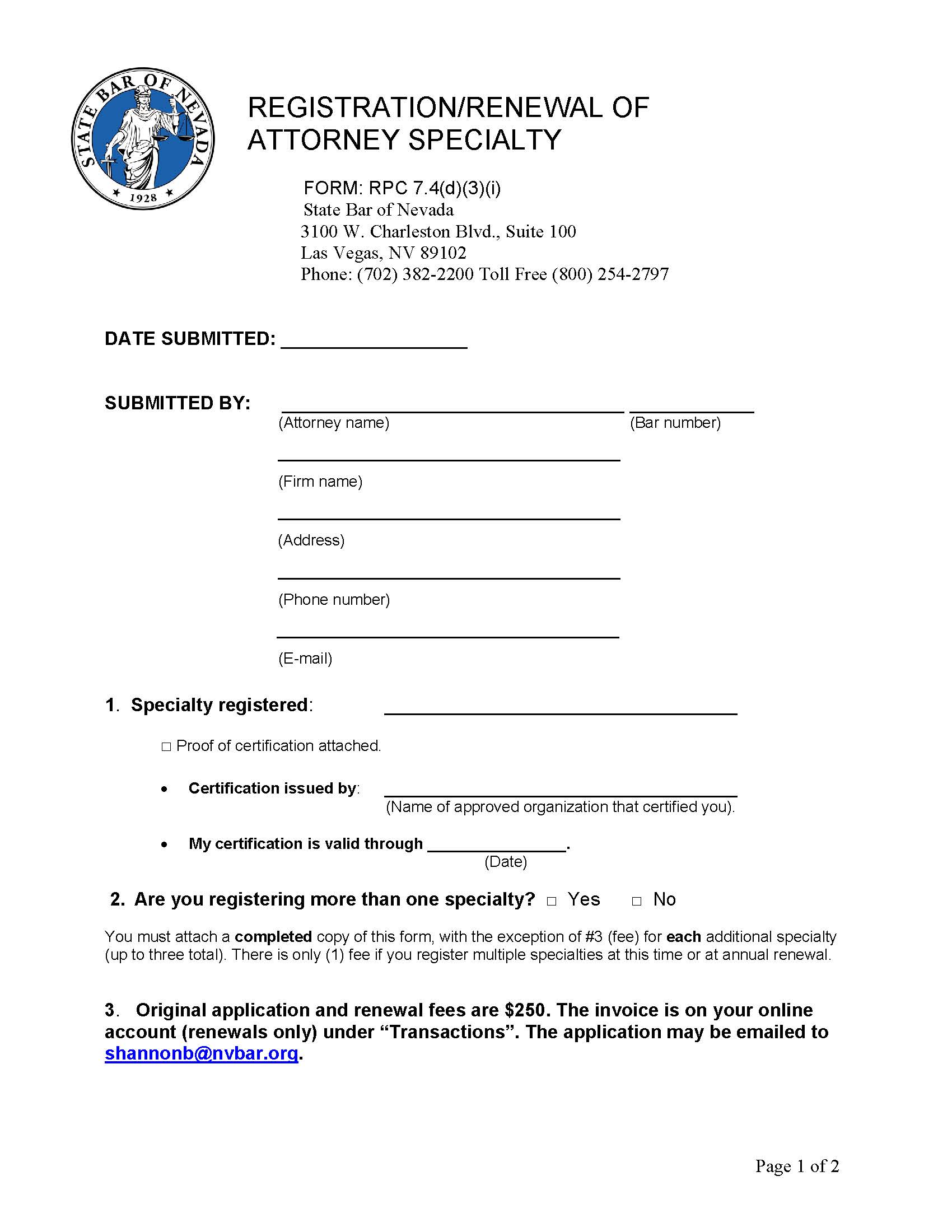 Registration Renewal Of Attorney Specialty | Pdf Fpdf Docx | Nevada