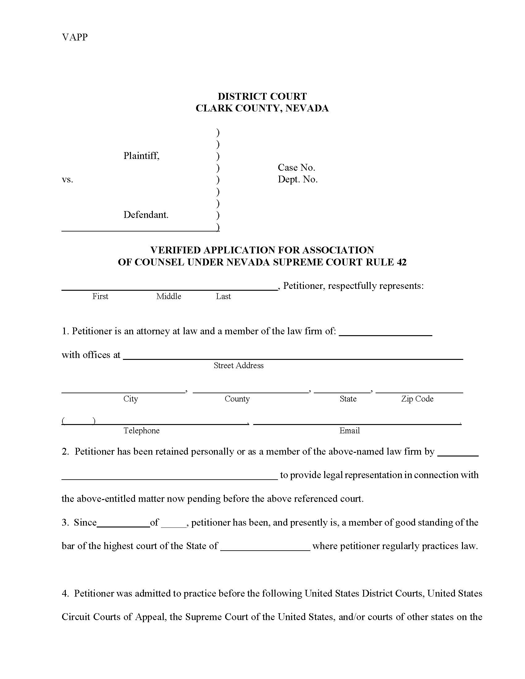 Verified Application For Association Of Counsel | Pdf Fpdf Doc Docx | Nevada