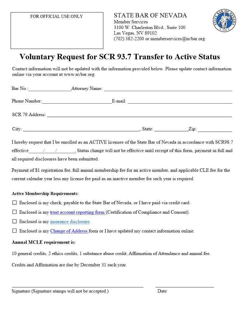 Voluntary Request For Transfer License From Inactive To Active | Pdf Fpdf Docx | Nevada
